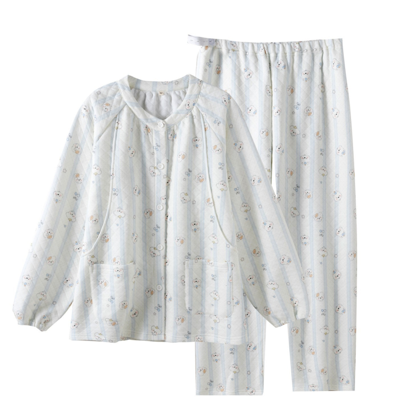 Moterų pogimdyminis pižama komplektas – 100% medvilnė, storesnis trijų sluoksnių audinys (251-300 g/m²), maitinanimo anga, ilgos rankovės, apvalus kaklas