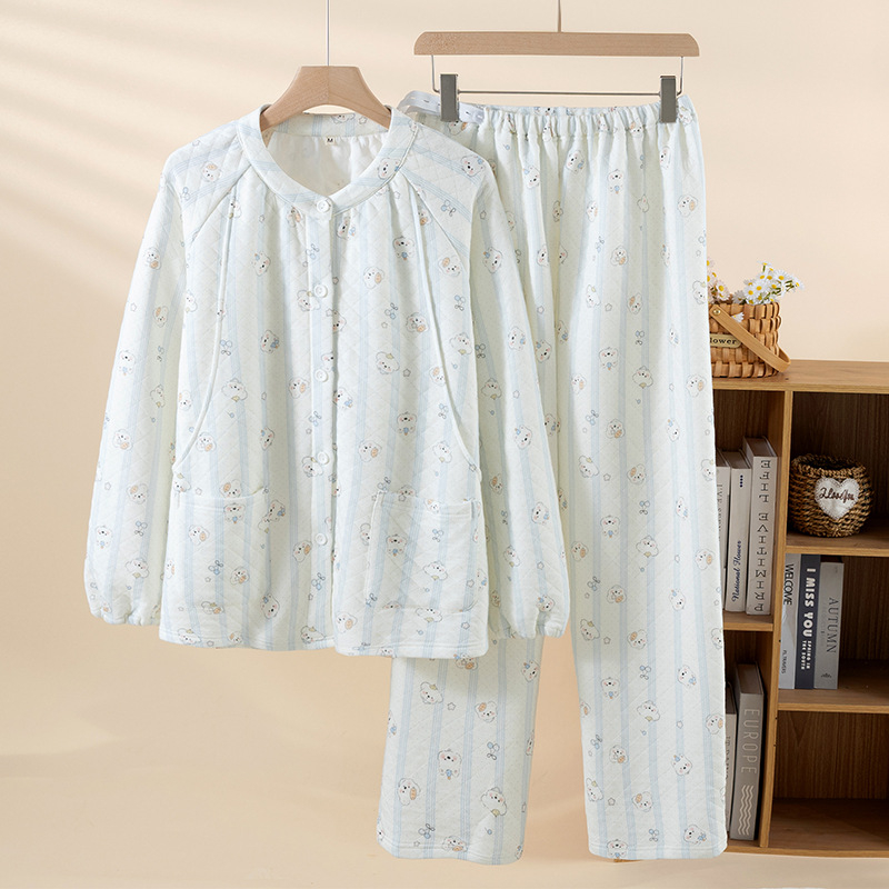 Moterų pogimdyminis pižama komplektas – 100% medvilnė, storesnis trijų sluoksnių audinys (251-300 g/m²), maitinanimo anga, ilgos rankovės, apvalus kaklas