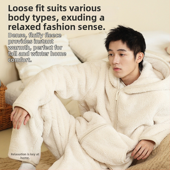 Meeste kapuutsiga pijamase komplekt paksust veluurist – kardiganistiil, V-kaelus, pikad varrukad, ekstra paks materjal 401–500 g/m², sobib talveks, kevadeks ja sügiseks, võib kanda ka väljas