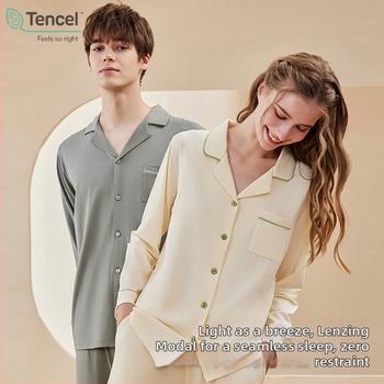 Modal anyagú pár pizsama szett, hosszú ujjú, galléros, nadrág