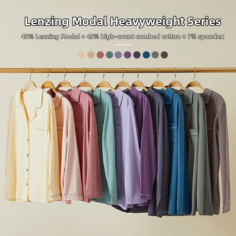 Modal anyagú pár pizsama szett, hosszú ujjú, galléros, nadrág