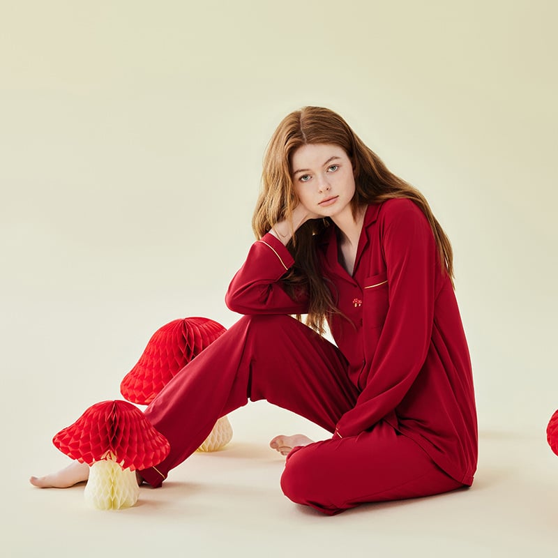 Modal anyagú pár pizsama szett, hosszú ujjú, galléros, nadrág