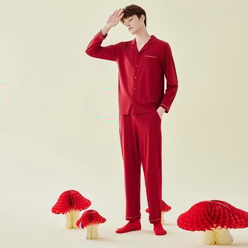 Modal anyagú pár pizsama szett, hosszú ujjú, galléros, nadrág