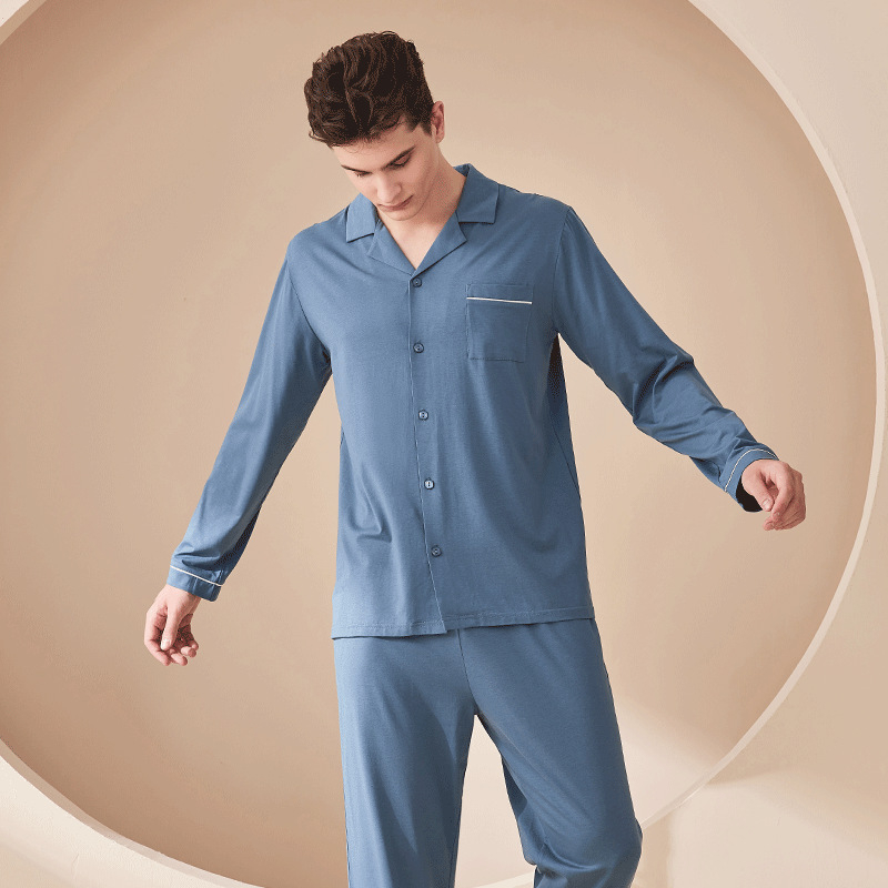 Modal anyagú pár pizsama szett, hosszú ujjú, galléros, nadrág