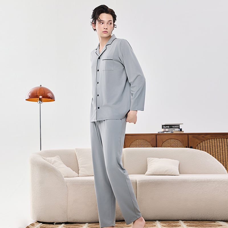 Modal anyagú pár pizsama szett, hosszú ujjú, galléros, nadrág