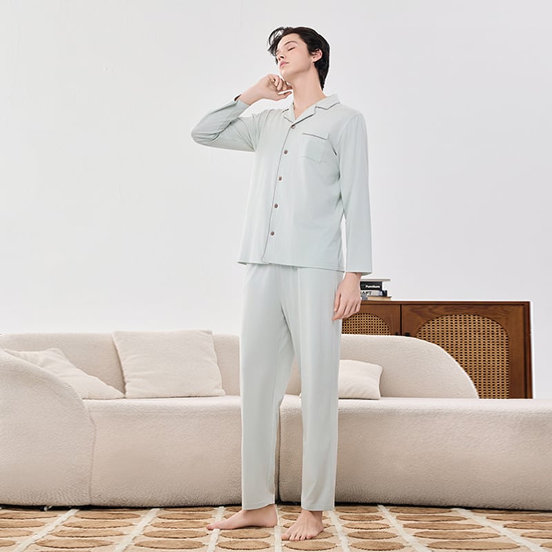 Modal anyagú pár pizsama szett, hosszú ujjú, galléros, nadrág