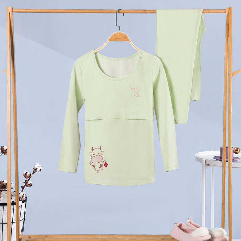 100% medvilninis nėščiųjų termalinis pižamų komplektas — marškinėlis su 3/4 rankovėmis ir kelnės, vidutinio svorio audinys, pavasaris-ruduo, maitinančiai