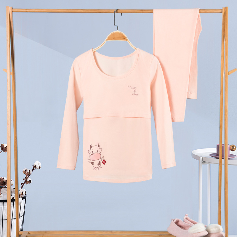 100% medvilninis nėščiųjų termalinis pižamų komplektas — marškinėlis su 3/4 rankovėmis ir kelnės, vidutinio svorio audinys, pavasaris-ruduo, maitinančiai