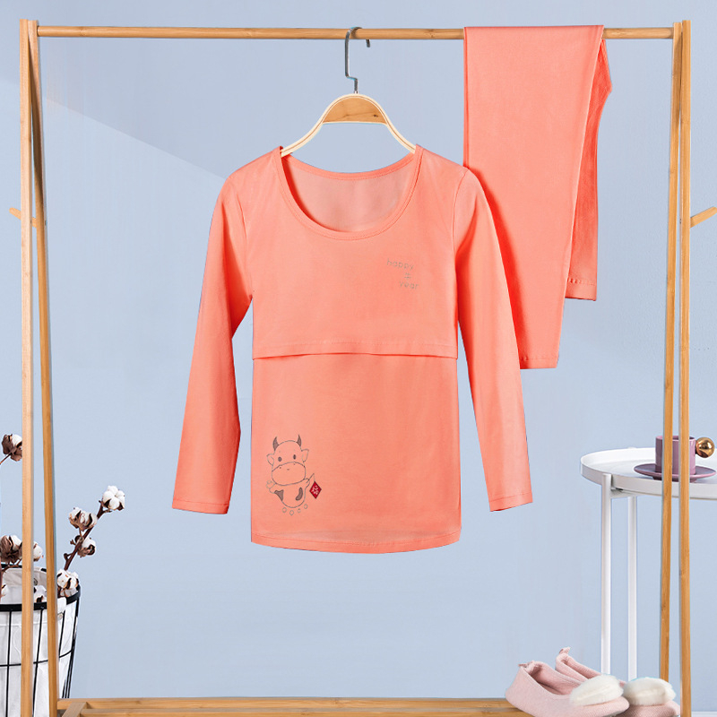 100% medvilninis nėščiųjų termalinis pižamų komplektas — marškinėlis su 3/4 rankovėmis ir kelnės, vidutinio svorio audinys, pavasaris-ruduo, maitinančiai