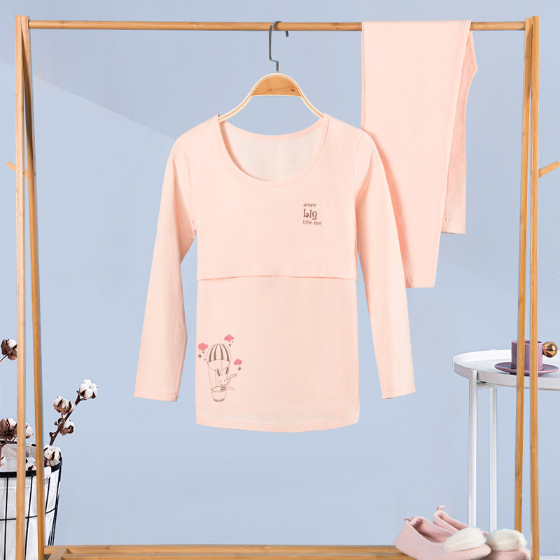 100% medvilninis nėščiųjų termalinis pižamų komplektas — marškinėlis su 3/4 rankovėmis ir kelnės, vidutinio svorio audinys, pavasaris-ruduo, maitinančiai