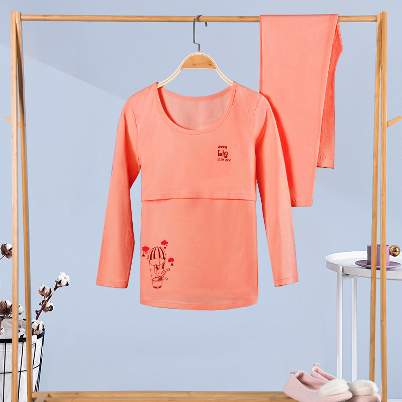 100% medvilninis nėščiųjų termalinis pižamų komplektas — marškinėlis su 3/4 rankovėmis ir kelnės, vidutinio svorio audinys, pavasaris-ruduo, maitinančiai