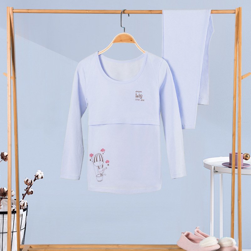 100% medvilninis nėščiųjų termalinis pižamų komplektas — marškinėlis su 3/4 rankovėmis ir kelnės, vidutinio svorio audinys, pavasaris-ruduo, maitinančiai