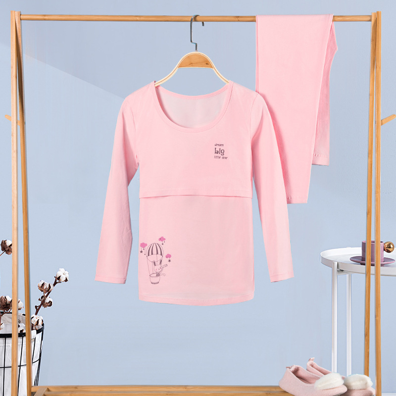 100% medvilninis nėščiųjų termalinis pižamų komplektas — marškinėlis su 3/4 rankovėmis ir kelnės, vidutinio svorio audinys, pavasaris-ruduo, maitinančiai