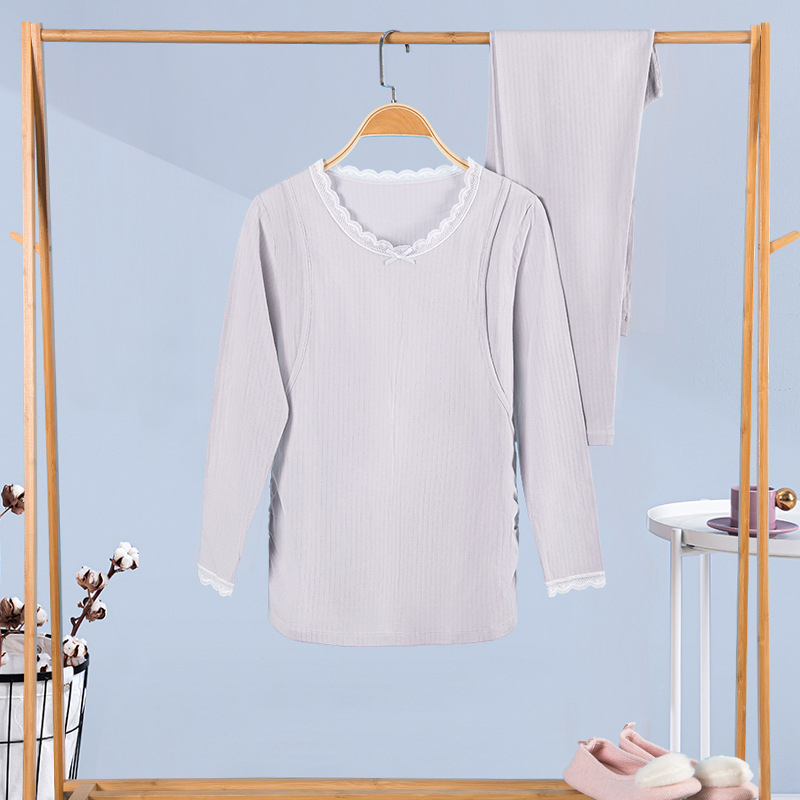 100% medvilninis nėščiųjų termalinis pižamų komplektas — marškinėlis su 3/4 rankovėmis ir kelnės, vidutinio svorio audinys, pavasaris-ruduo, maitinančiai