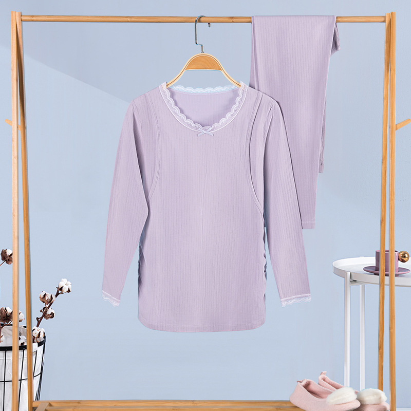 100% medvilninis nėščiųjų termalinis pižamų komplektas — marškinėlis su 3/4 rankovėmis ir kelnės, vidutinio svorio audinys, pavasaris-ruduo, maitinančiai