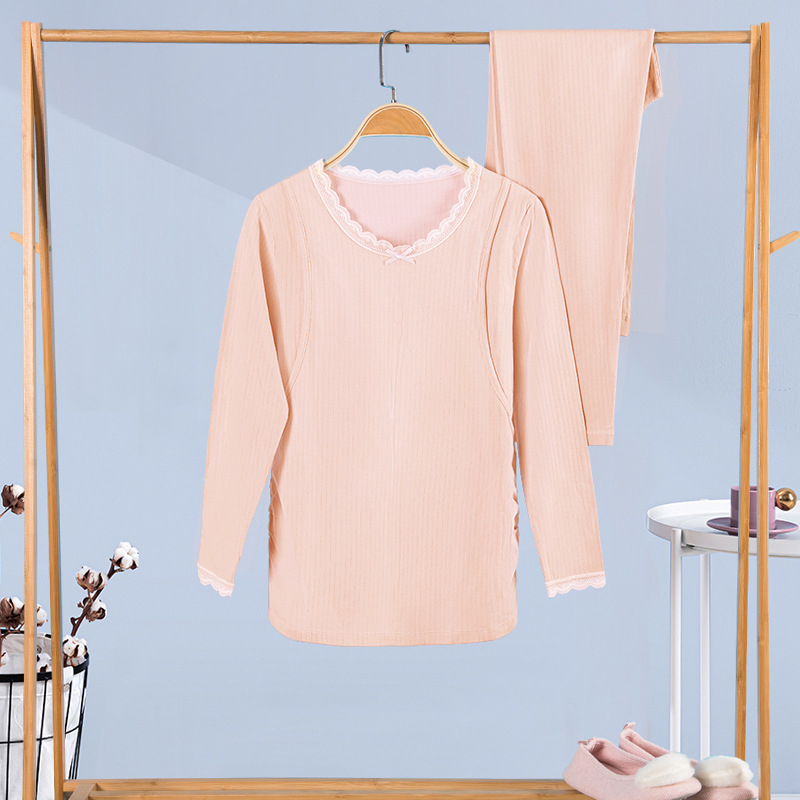 100% medvilninis nėščiųjų termalinis pižamų komplektas — marškinėlis su 3/4 rankovėmis ir kelnės, vidutinio svorio audinys, pavasaris-ruduo, maitinančiai