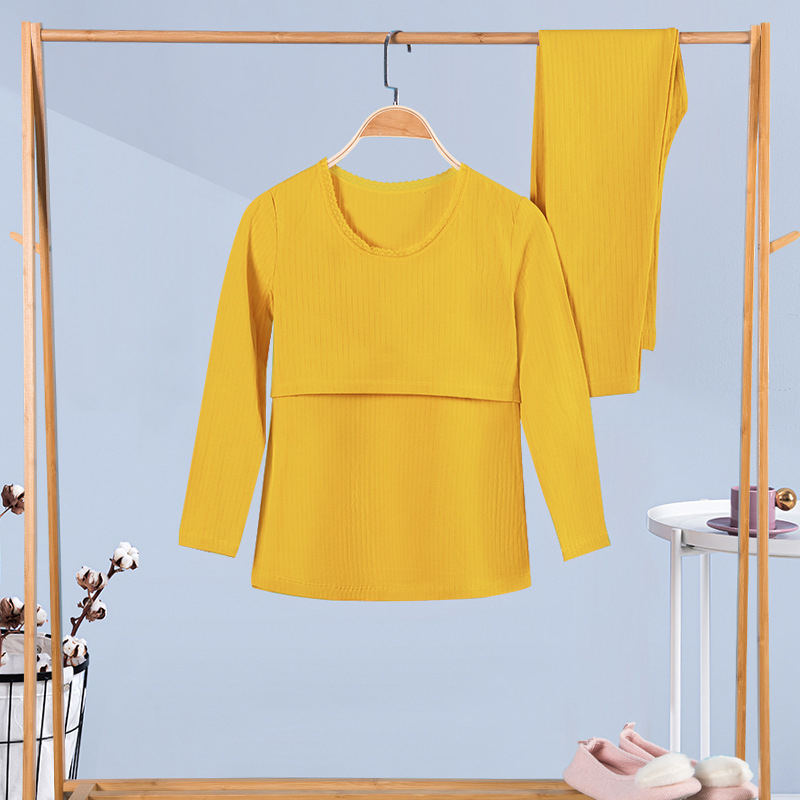 100% medvilninis nėščiųjų termalinis pižamų komplektas — marškinėlis su 3/4 rankovėmis ir kelnės, vidutinio svorio audinys, pavasaris-ruduo, maitinančiai