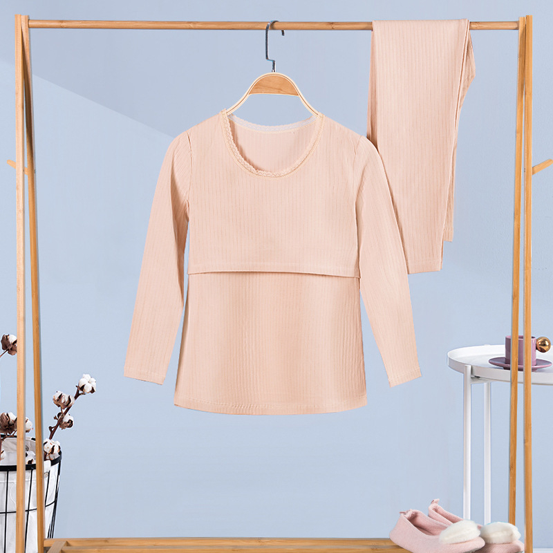 100% medvilninis nėščiųjų termalinis pižamų komplektas — marškinėlis su 3/4 rankovėmis ir kelnės, vidutinio svorio audinys, pavasaris-ruduo, maitinančiai