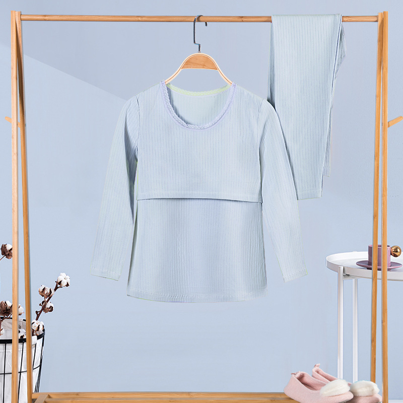 100% medvilninis nėščiųjų termalinis pižamų komplektas — marškinėlis su 3/4 rankovėmis ir kelnės, vidutinio svorio audinys, pavasaris-ruduo, maitinančiai