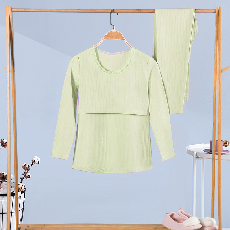 100% medvilninis nėščiųjų termalinis pižamų komplektas — marškinėlis su 3/4 rankovėmis ir kelnės, vidutinio svorio audinys, pavasaris-ruduo, maitinančiai