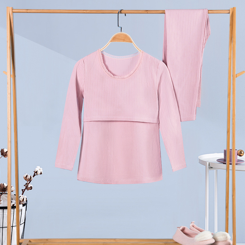 100% medvilninis nėščiųjų termalinis pižamų komplektas — marškinėlis su 3/4 rankovėmis ir kelnės, vidutinio svorio audinys, pavasaris-ruduo, maitinančiai