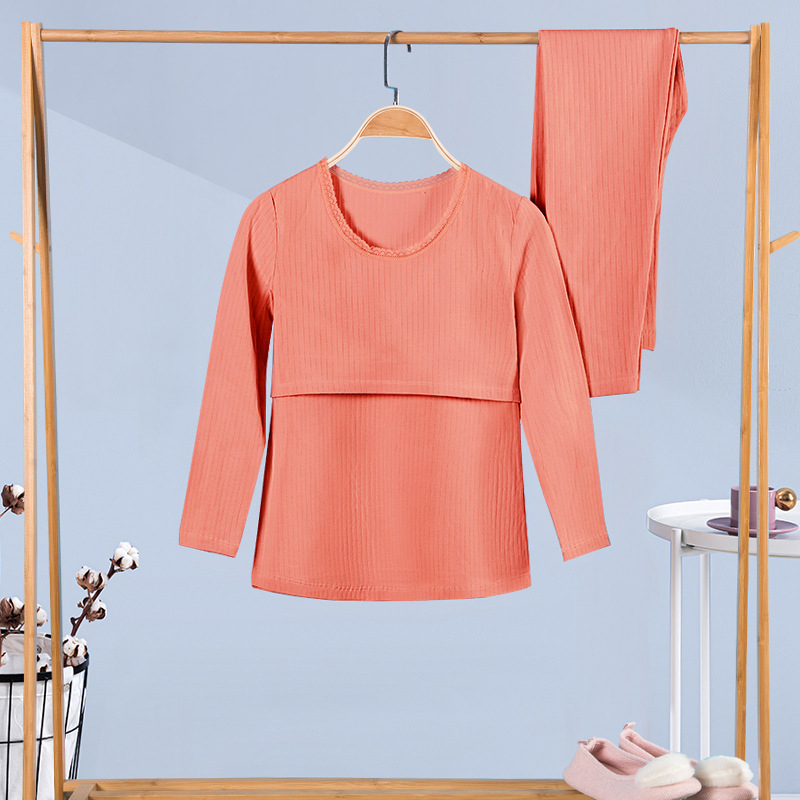 100% medvilninis nėščiųjų termalinis pižamų komplektas — marškinėlis su 3/4 rankovėmis ir kelnės, vidutinio svorio audinys, pavasaris-ruduo, maitinančiai