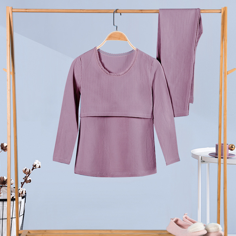 100% medvilninis nėščiųjų termalinis pižamų komplektas — marškinėlis su 3/4 rankovėmis ir kelnės, vidutinio svorio audinys, pavasaris-ruduo, maitinančiai