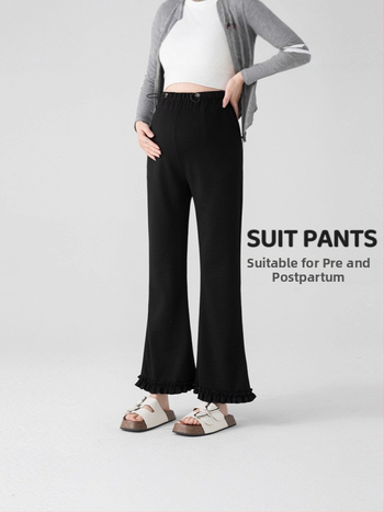 Rasedate püksid kõrge vöökoht, laia lõikega, flared volangiga äär, pikkus 9/10, puuvill-poliester