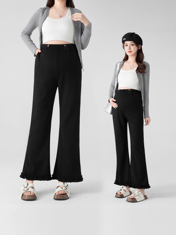 Rasedate püksid kõrge vöökoht, laia lõikega, flared volangiga äär, pikkus 9/10, puuvill-poliester