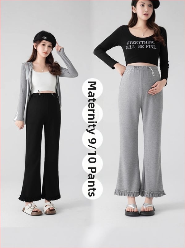 Rasedate püksid kõrge vöökoht, laia lõikega, flared volangiga äär, pikkus 9/10, puuvill-poliester