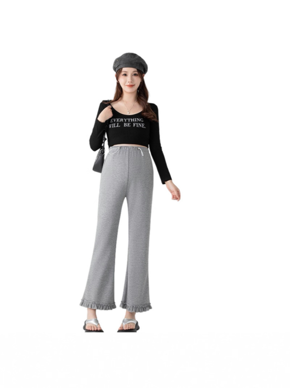 Rasedate püksid kõrge vöökoht, laia lõikega, flared volangiga äär, pikkus 9/10, puuvill-poliester