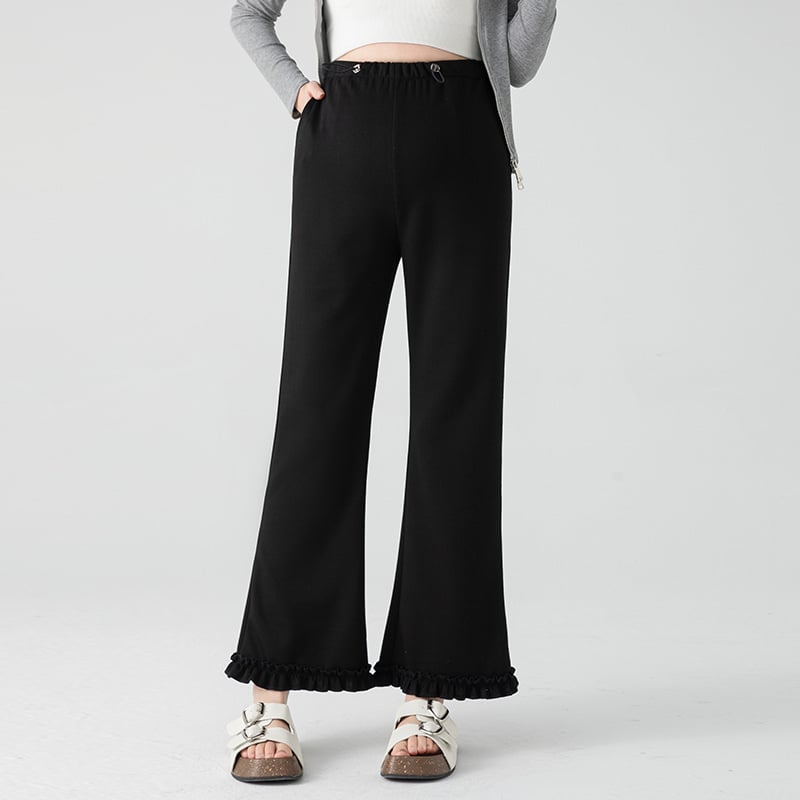 Rasedate püksid kõrge vöökoht, laia lõikega, flared volangiga äär, pikkus 9/10, puuvill-poliester