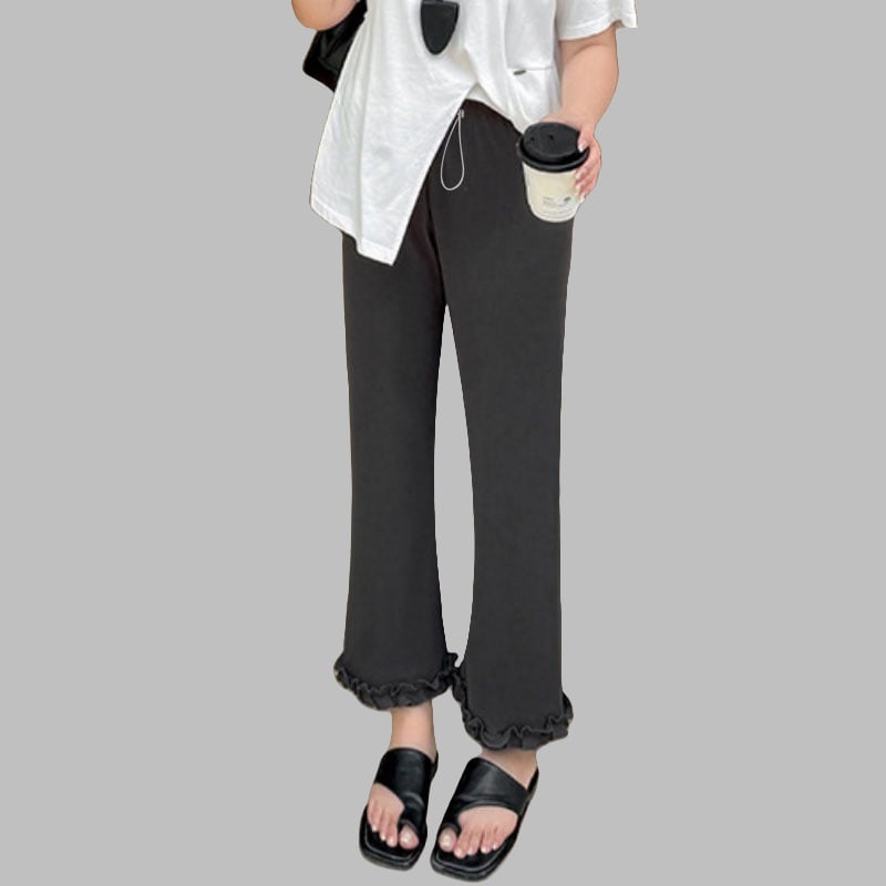 Rasedate püksid kõrge vöökoht, laia lõikega, flared volangiga äär, pikkus 9/10, puuvill-poliester