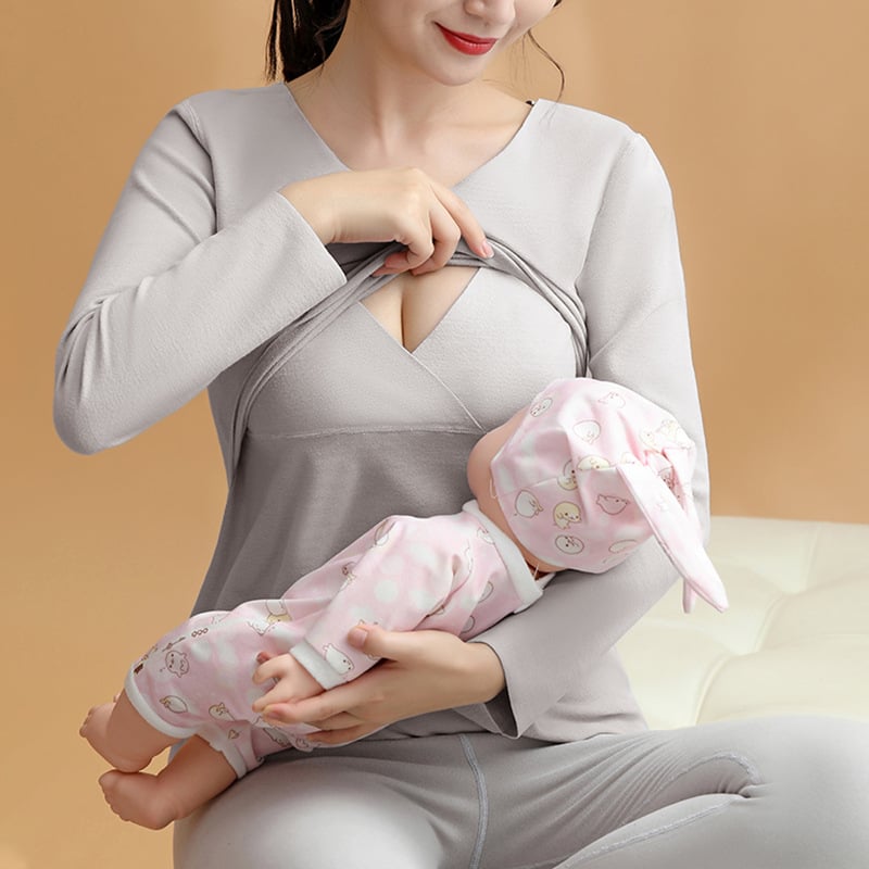 Nėštumo ir žindymo pižamų komplektas su flisiniu įdėklu rudens–žiemos sezonui — ilgomis rankovėmis viršutė, kelnės, 64% viskozė, storis 201–250 g/m2, paprastas kasdienis stilius