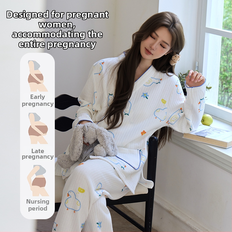 Szoptatós kismama pizsama készlet légpamutból, vastag és meleg, kerek nyakú felső, hosszú ujjú, nadrág