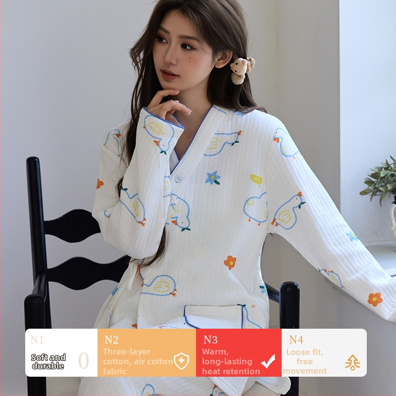 Szoptatós kismama pizsama készlet légpamutból, vastag és meleg, kerek nyakú felső, hosszú ujjú, nadrág