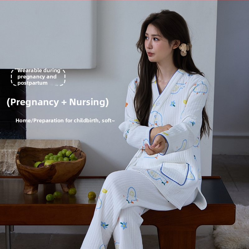 Szoptatós kismama pizsama készlet légpamutból, vastag és meleg, kerek nyakú felső, hosszú ujjú, nadrág