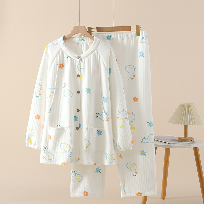 Szoptatós kismama pizsama készlet légpamutból, vastag és meleg, kerek nyakú felső, hosszú ujjú, nadrág