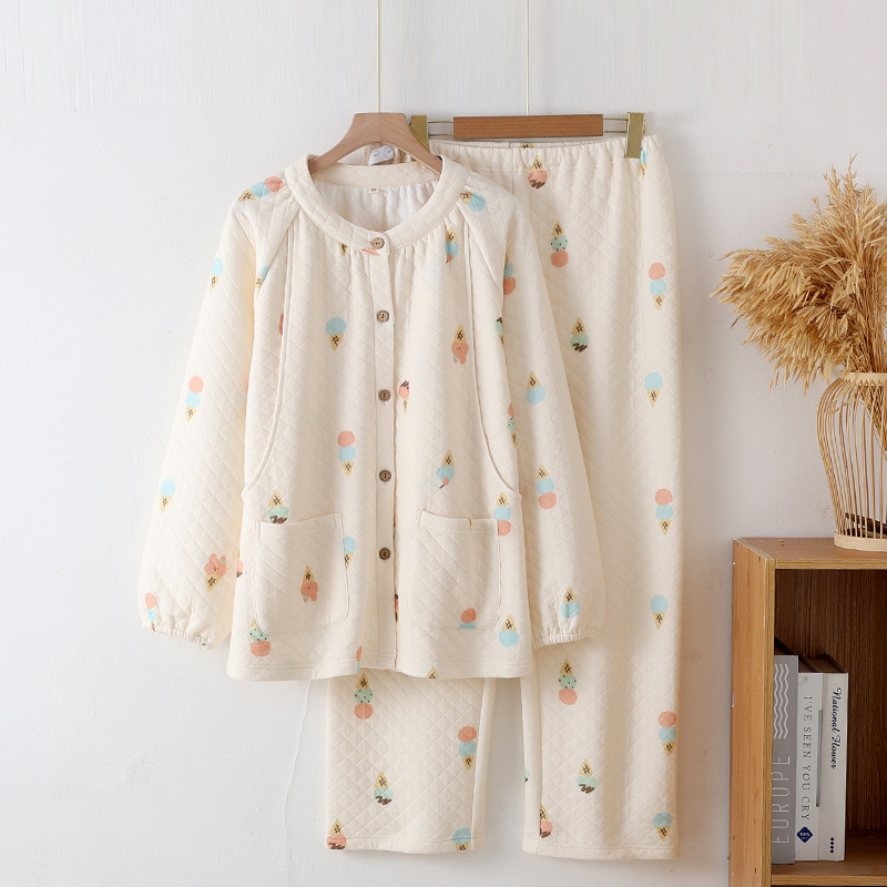 Szoptatós kismama pizsama készlet légpamutból, vastag és meleg, kerek nyakú felső, hosszú ujjú, nadrág