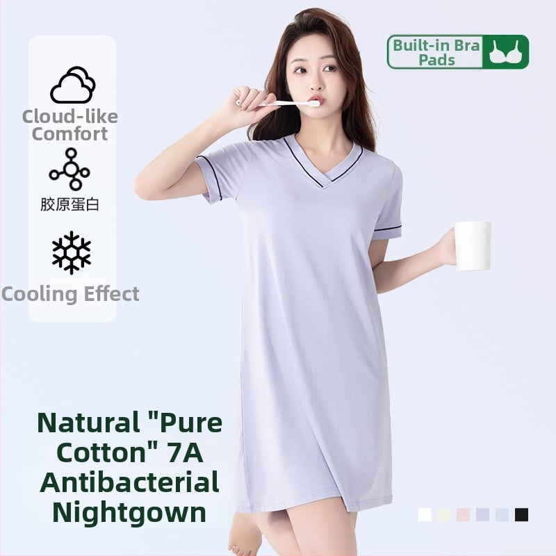 Medvilninė trumpų rankovių naktinukė su V formos iškirpte, įsiūta krūties pagalvėlė, patogiam namų dėvėjimui