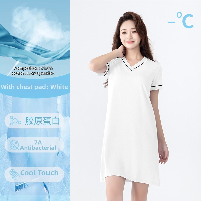 Medvilninė trumpų rankovių naktinukė su V formos iškirpte, įsiūta krūties pagalvėlė, patogiam namų dėvėjimui