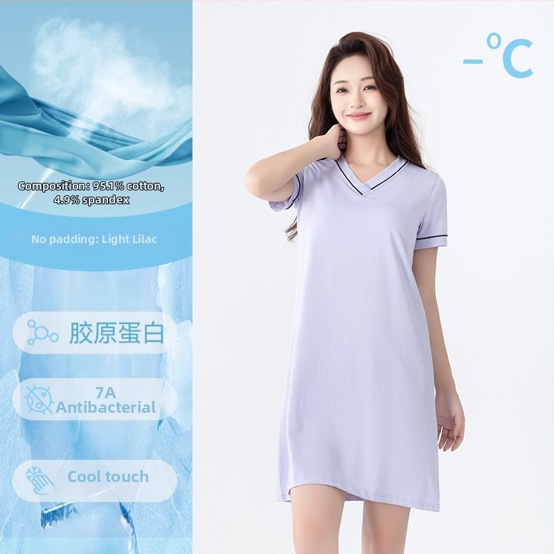 Medvilninė trumpų rankovių naktinukė su V formos iškirpte, įsiūta krūties pagalvėlė, patogiam namų dėvėjimui