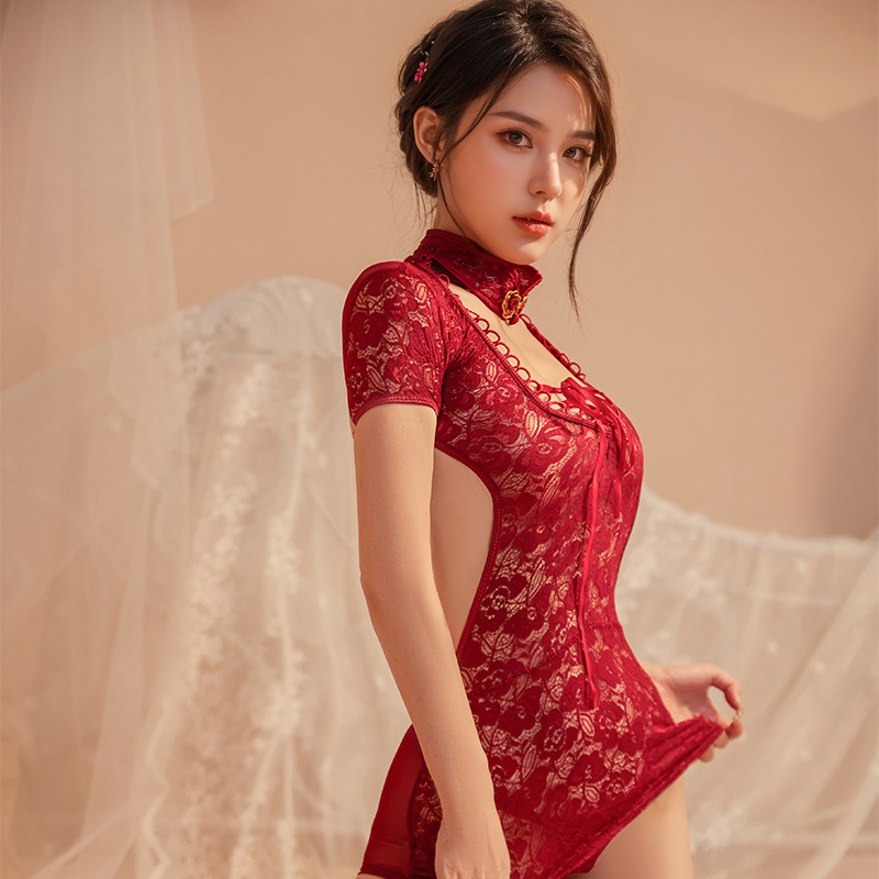 Cheongsam inspirirani seksi set donjeg rublja za igru uloga - čipka, poliester 90-95%, uključuje čarape, za žene