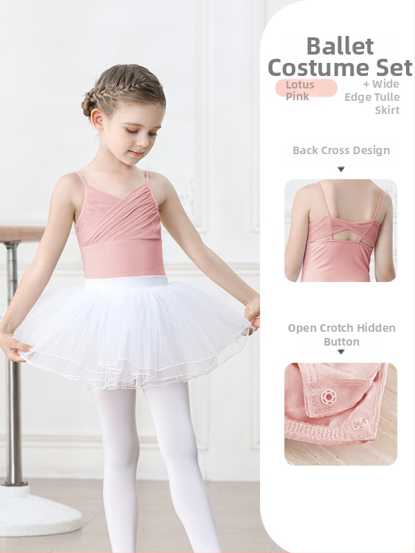 Vaikų baleto komplektas iš medvilnės (95,2%), su petnešėlėmis ir trumpomis rankovėmis, treniruotėms, 3–8 metai