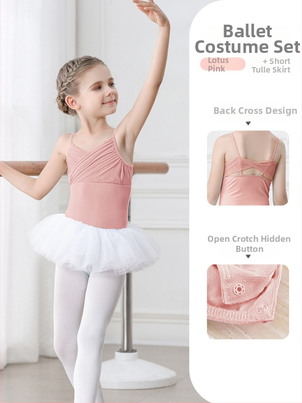 Vaikų baleto komplektas iš medvilnės (95,2%), su petnešėlėmis ir trumpomis rankovėmis, treniruotėms, 3–8 metai