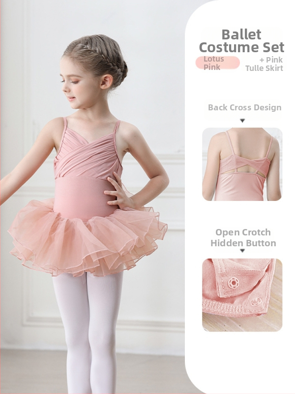 Vaikų baleto komplektas iš medvilnės (95,2%), su petnešėlėmis ir trumpomis rankovėmis, treniruotėms, 3–8 metai