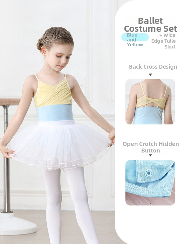 Vaikų baleto komplektas iš medvilnės (95,2%), su petnešėlėmis ir trumpomis rankovėmis, treniruotėms, 3–8 metai