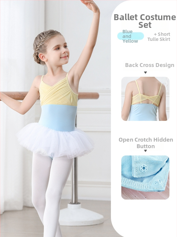 Vaikų baleto komplektas iš medvilnės (95,2%), su petnešėlėmis ir trumpomis rankovėmis, treniruotėms, 3–8 metai