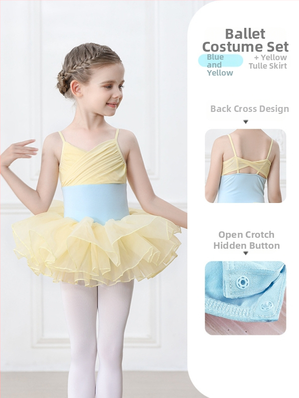 Vaikų baleto komplektas iš medvilnės (95,2%), su petnešėlėmis ir trumpomis rankovėmis, treniruotėms, 3–8 metai