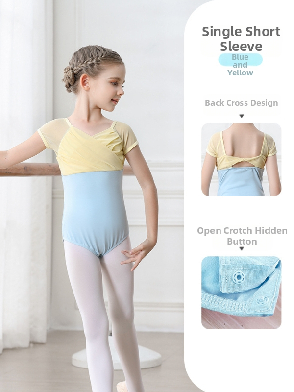 Vaikų baleto komplektas iš medvilnės (95,2%), su petnešėlėmis ir trumpomis rankovėmis, treniruotėms, 3–8 metai